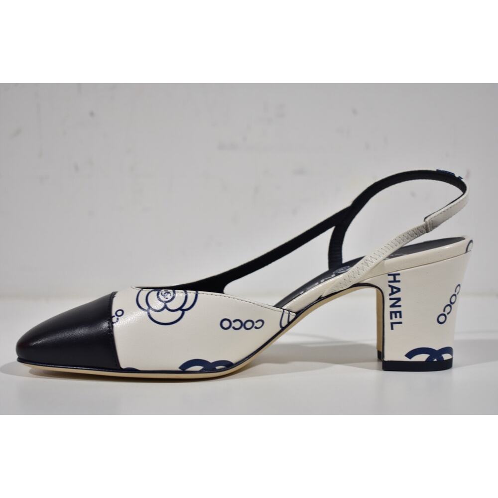 Chanel 23P Mademoiselle Coco Sling White Blue CC Logo Slingback Sandal Heel 40 - Picture 7 of 10